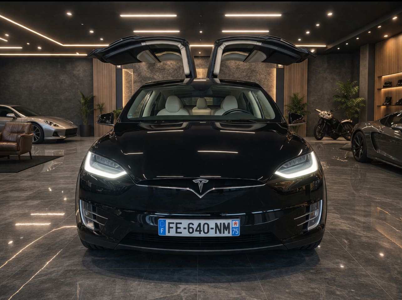 Tesla Model X noire | vue de face portes Falcon Wing ouvertes, Taxi JB Sens